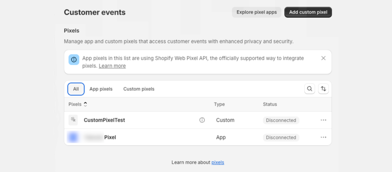 A view of pixel apps in the Shopify Partners portal