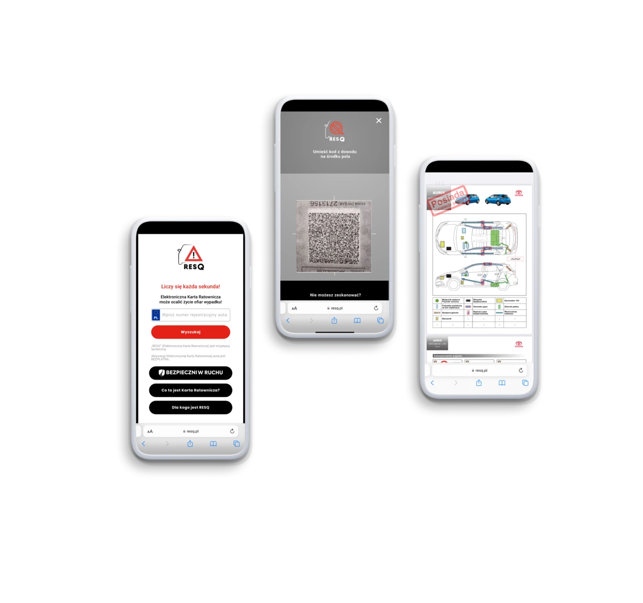 Three smartphones displaying different stages of getting a rescue card