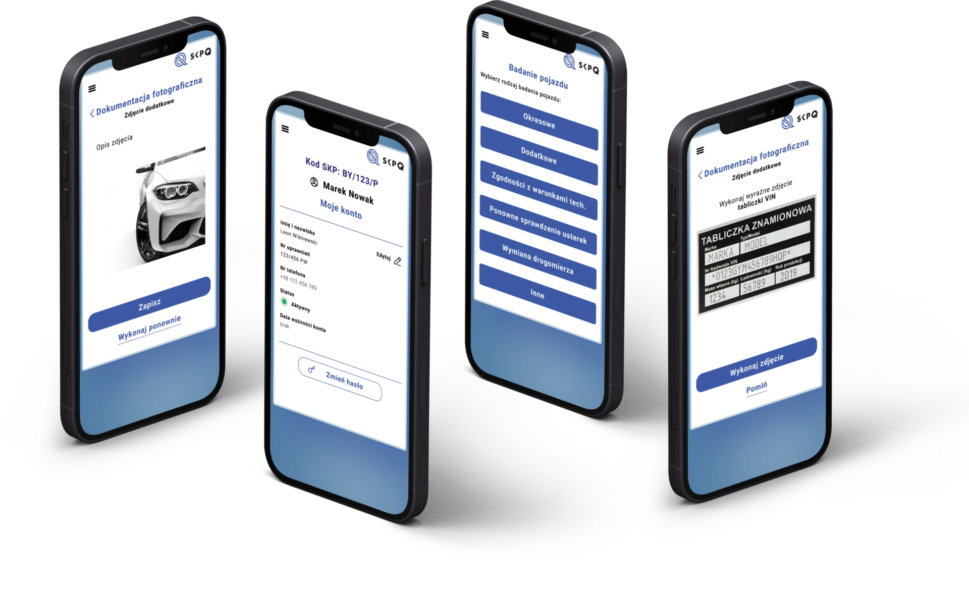 Four different SkpQ portal pages displayed on smartphones