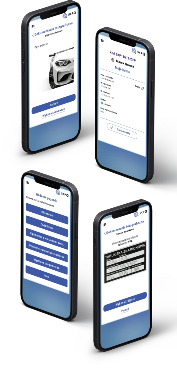 Four different SkpQ portal pages displayed on smartphones