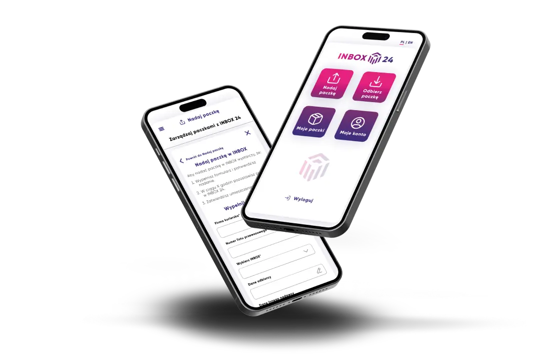 Two different pages from the Inbox24 portal displayed on smartphones