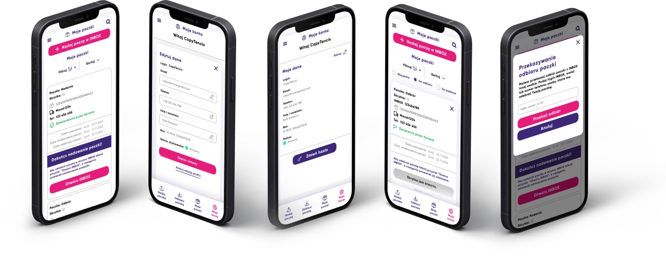 Five different pages from the Inbox24 portal displayed on smartphones