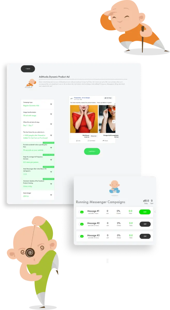 A few components of the AdMonks service surrounded by cartoon-style monks