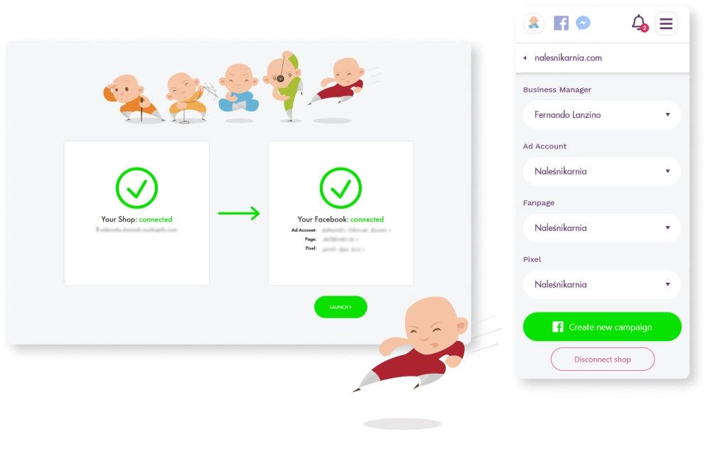 Two views of the AdMonks service. One says: 'Your shop: connected. Your Facebook: connected'. The other says: 'Business manager, Ad Account, Fanpage, Pixel, Create new campaign, Disconnect shop'.