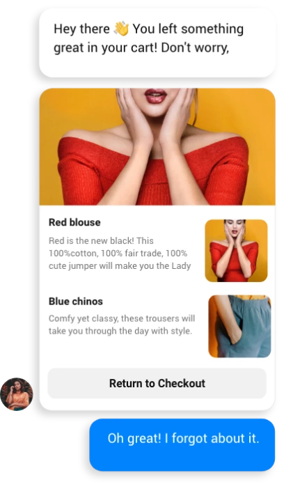 A chat with a seller automatically reminding a customer they left two products in their cart