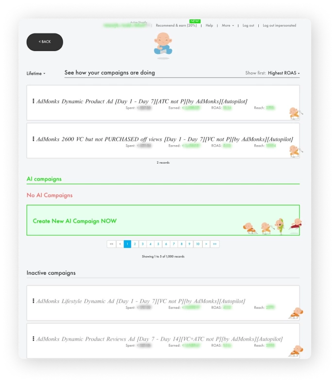 An example list of a storeowner's AdMonks campaigns