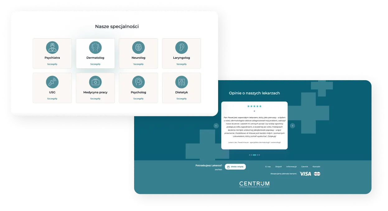 Two fragments of the Centrum portal – list of specialists and feedback