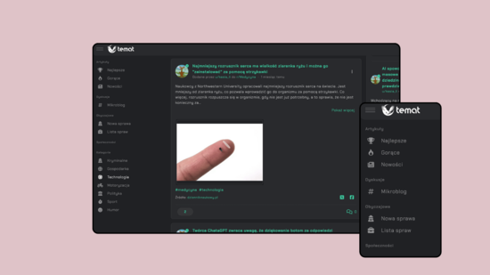 temat.pl website interface displayed on desktop and mobile screens.